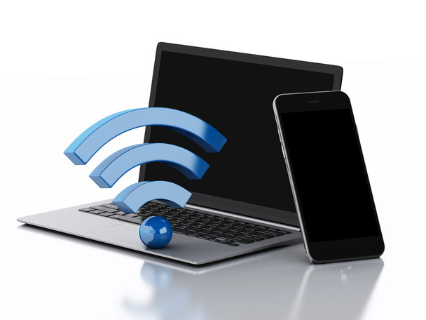 3d Laptop pc, Smartphone and wifi icon. - Foto, imagen