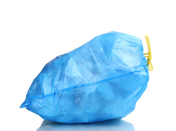 Blue garbage bag with trash isolated on white - Foto, imagen