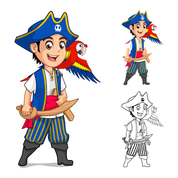 Kind Pirat mit Holzschwert mit scharlachrotem Mawaw Vogel Cartoon-Figur - Vektor, Bild