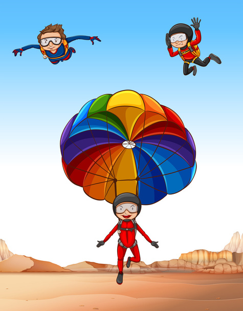 Drie mensen doen parachutespringen - Vector, afbeelding