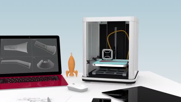3D εκτυπωτή, lap-top, Pc ταμπλετών και κηφήνας σε ένα τραπέζι, έννοια για τη νέα τεχνολογία για Diy. - Πλάνα, βίντεο