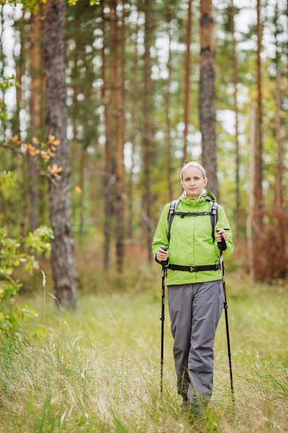 woman with hiking equipment walking in forest - Fotoğraf, Görsel
