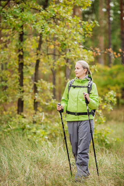 woman with hiking equipment walking in forest - 写真・画像