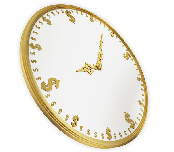 A realistic golden rendering of a clock with dollars as digits ( - Photo, Image