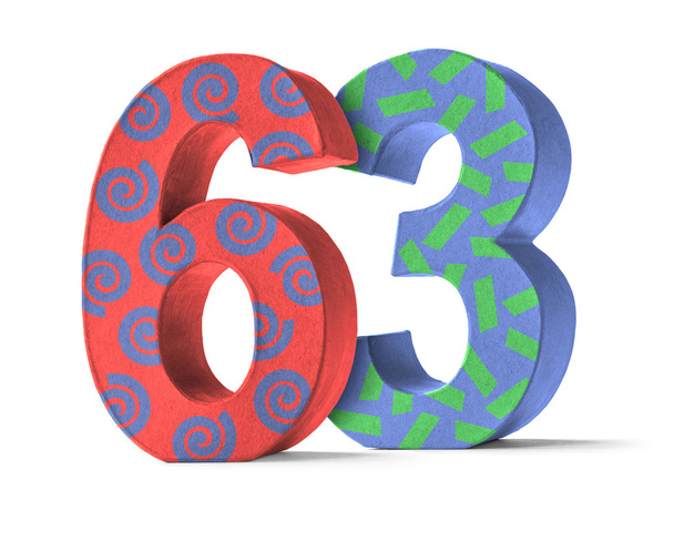 Papel colorido Mache Number em um fundo branco - Número 63
 - Foto, Imagem