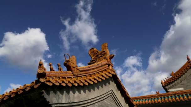 Tradycyjna dekoracja dachu świątyni buddyjskiej, Pekin, Chiny - Materiał filmowy, wideo