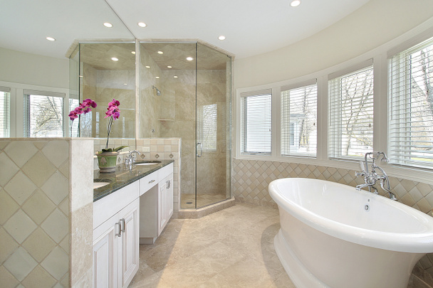 Luxe salle de bain principale avec douche en verre
 - Photo, image