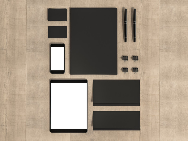 Set of mockup elements on the wood table. Mockup business template - Фото, изображение