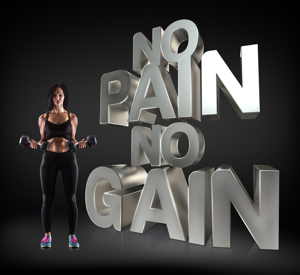 Sport woman holding a dumbells on the background Motivational fitness phrases - Foto, imagen