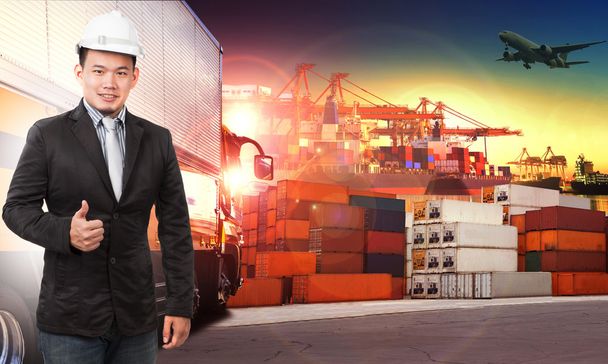 business man and comercial ship with container on port use for i - Photo, Image