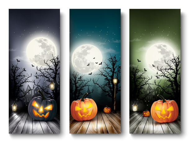 Holiday Halloween Banners with Pumpkins and Moon. Vector - Vector, Imagen