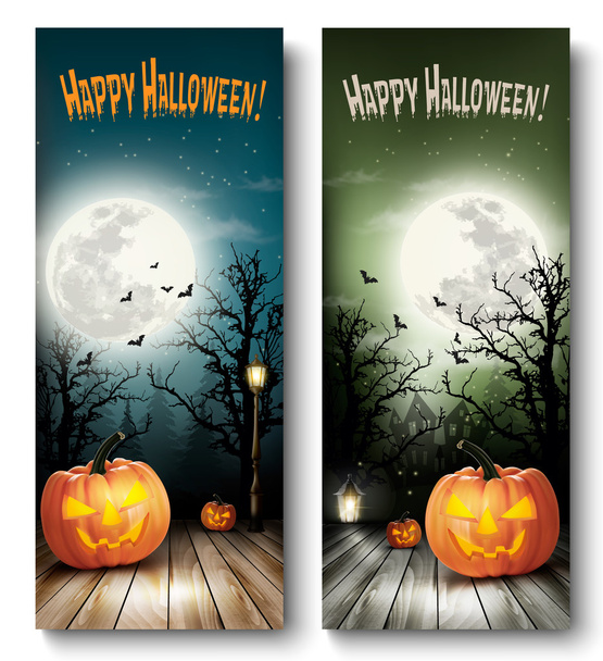 Two Holiday Halloween Banners with Pumpkins and Moon. Vector - Vector, Image