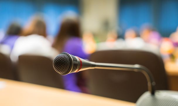 Black microphone in conference room - Фото, изображение