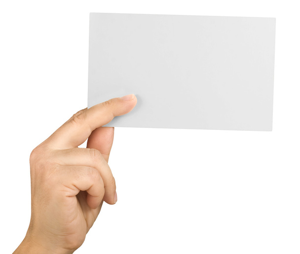 Tenue de main féminine montrant une grande carte blanche vide isolée
 - Photo, image