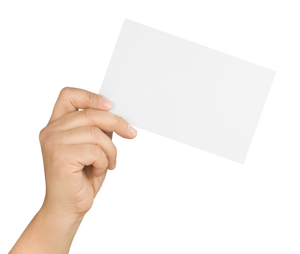 hand holding and showing tilted large white blank card isolated - Photo, Image