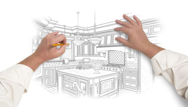 Αρσενικό χέρια σκιαγραφώντας όμορφη κουζίνα συνήθειας - Φωτογραφία, εικόνα