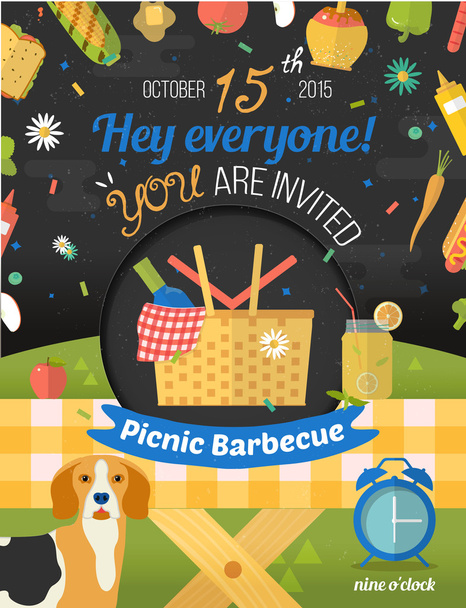 Creative design of invitation card with romantic picnic in the night sky. Flat design in vector format. Barbecue. - Vector, Image