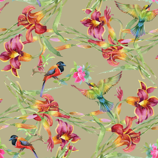 Луг с цветами и птицами
 - Фото, изображение