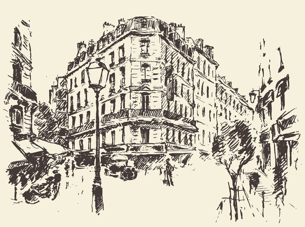 Sokaklar Paris Fransa vintage resimde çizilmiş - Vektör, Görsel