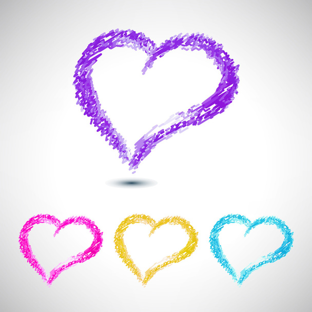 Bright color set of vector hearts silhouettes drawn with chalk strokes style - Wektor, obraz
