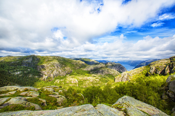 Hiking trail and alpine landscape of the Preikestolen and Lysefjord area in Rogaland, Norway - Fotó, kép