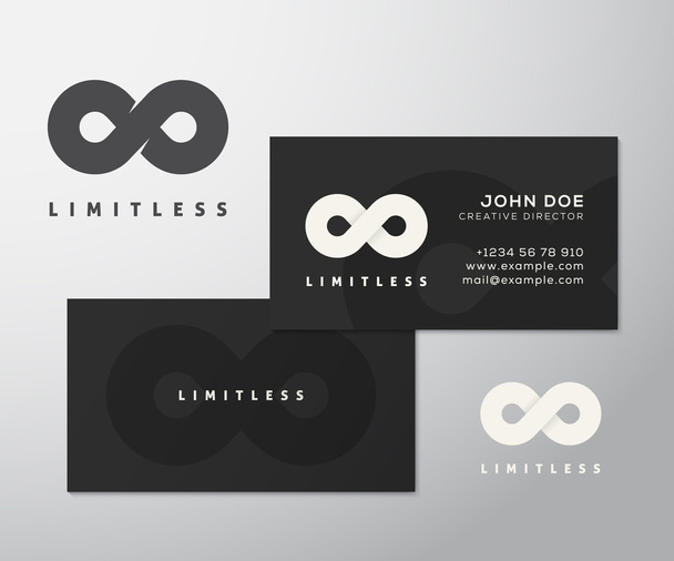 Abstract Vector Limitless Infinity Symbol, Icon or a Logo with Business Card Template Mock-up. Stilysh Black Background and Realistic Soft Shadows. Isolated - Wektor, obraz