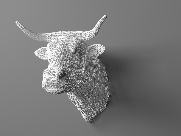 Artificial bulls head hanging on the wall. Polygonal head of a bull. Cows from the three-dimensional grid. The object of art on the wall. Volume model. Meshwork. - Fotoğraf, Görsel