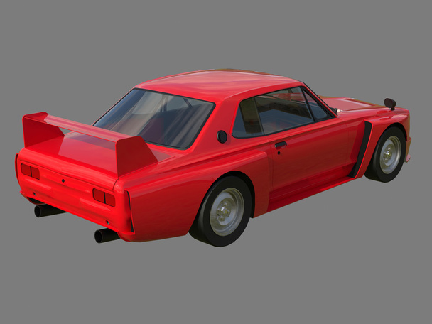 Red sports coupe. Red race car. Retro race. Japanese School tuning. Uniform gray background. Three-dimensional model. Raster illustration. - 写真・画像