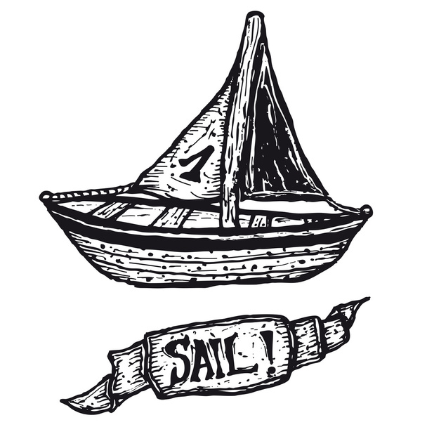 Barco desenhado à mão e faixa de vela
 - Vetor, Imagem