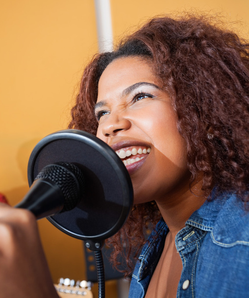 Woman Singing While Holding Microphone In Recording Studio - Foto, Imagen