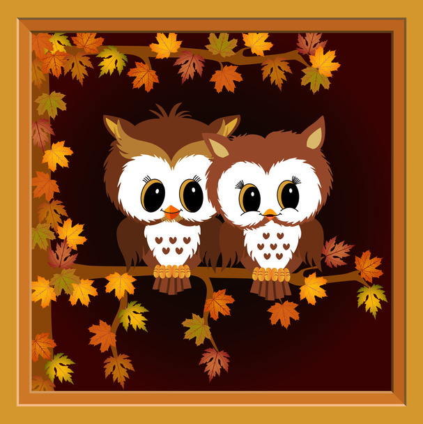 picture with couple owls on autumn tree - Vektör, Görsel