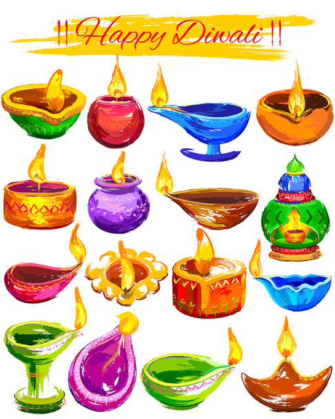 Happy Diwali background coloful watercolor diya - Vector, Image