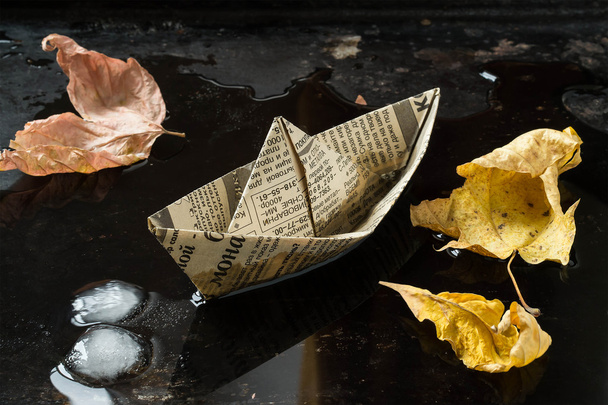 The mood of autumn: the boat from newspaper and leaves in a pudd - Фото, зображення