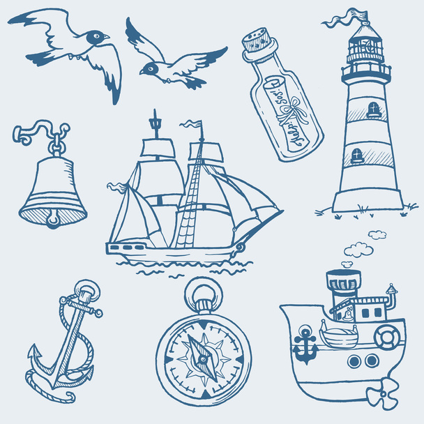 Nautical doodles - Hand drawn collection in vector - Vektör, Görsel
