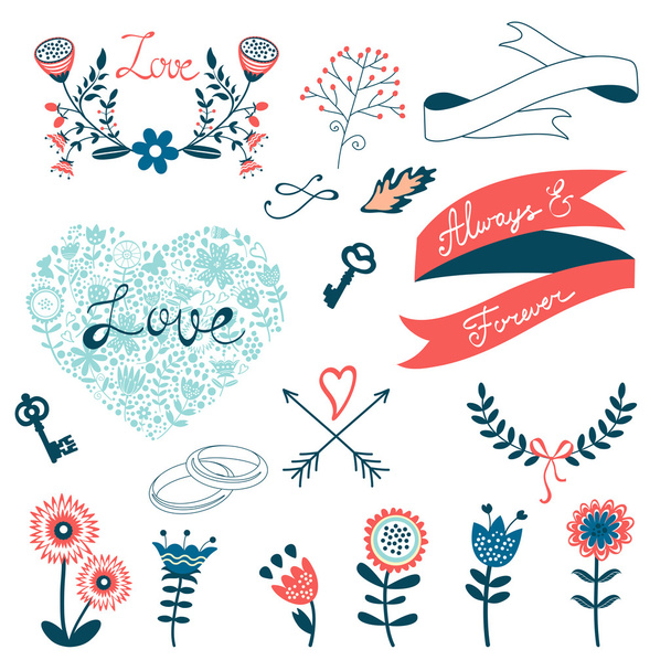 Romantic collection with flowers, wreaths and other graphic elements - ベクター画像