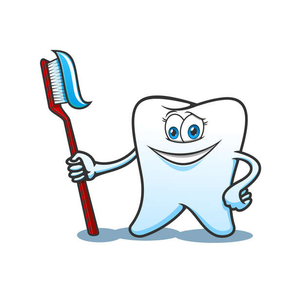 Cartoon-Zahn mit Bürste und Zahnpasta - Vektor, Bild