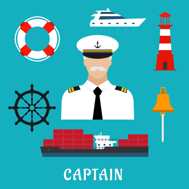 Captain profession and nautical flat icons - Διάνυσμα, εικόνα