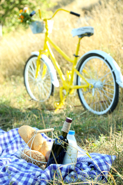 Old yellow bicycle and picnic snack on checkered blanket on grass in park - Fotó, kép