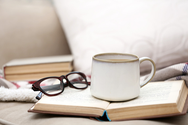 Cup of coffee with book on sofa in living room - Foto, immagini