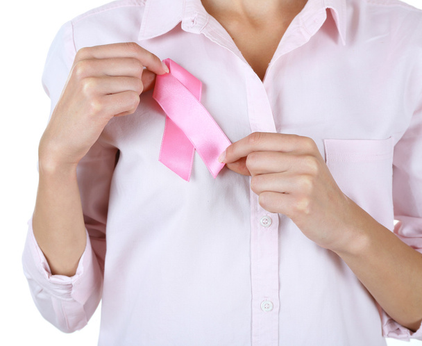 Woman using pink ribbon - Foto, Imagen