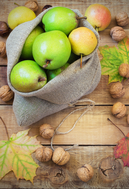 Autumn composition of fruits, nuts and spices - pears, walnuts, maple leaves - Foto, afbeelding