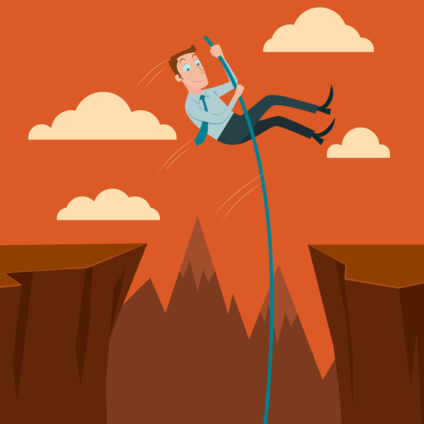 Businessman crossing the chasm with the pole vault. Vector Illustration. - Vector, imagen