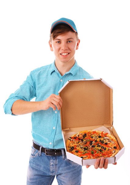 Delivery boy with cardboard pizza box isolated on white - Foto, Imagen