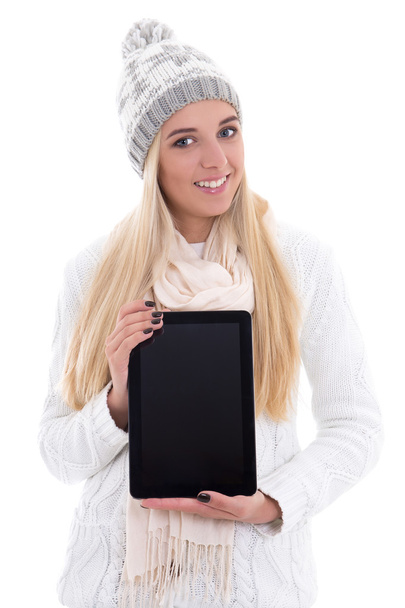 cute beautiful woman in winter clothes with tablet pc isolated o - Photo, Image