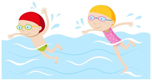 Мальчик и девочка плавают в бассейне
 - Вектор,изображение