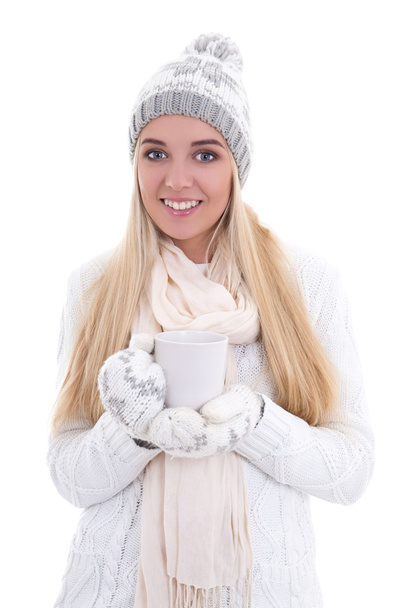 cute beautiful woman in winter clothes with cup of tea or coffee - Foto, immagini