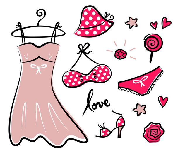 Fashion retro red icons and accessories for romance girl - Vektor, kép