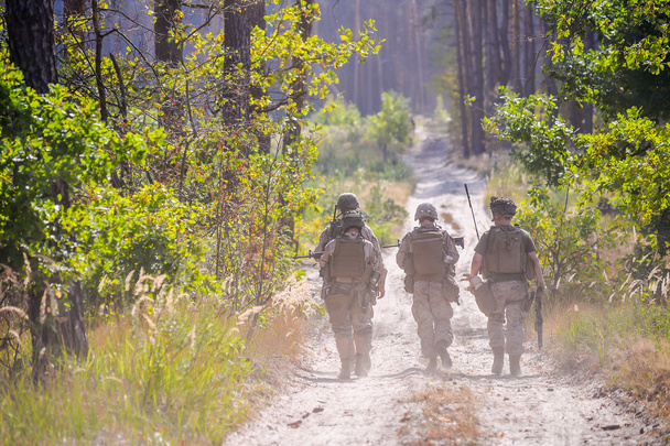 Groep gewapende soldaten op de weg in bos - Foto, afbeelding