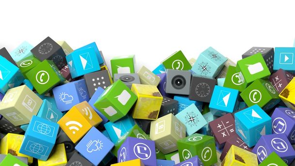 Various apps in shape of a cube, with copy-space on white background. - Fotoğraf, Görsel