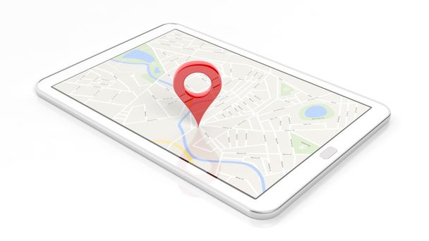 Harita ve ekranda beyaz arka plan üzerinde izole kırmızı belirlemekte ile tablet. - Fotoğraf, Görsel